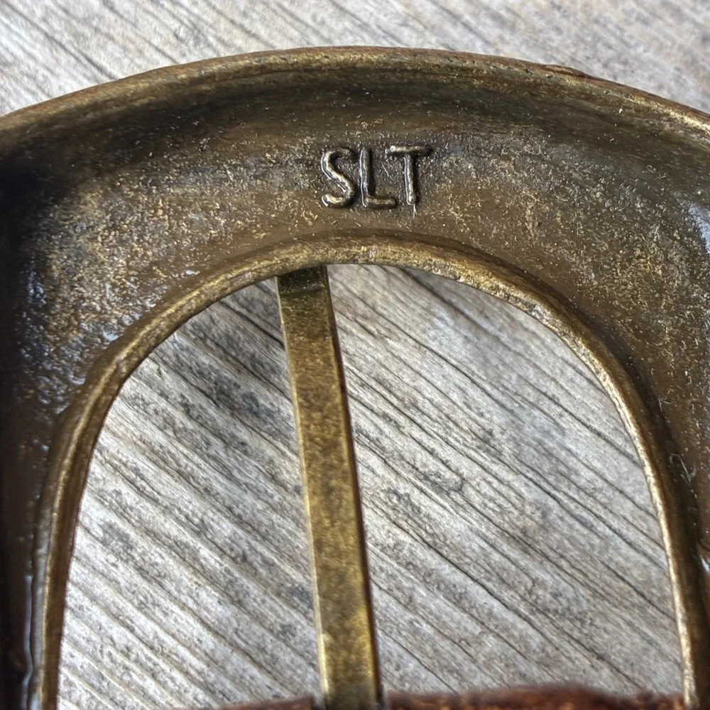 Vintage SLT Brown Alligator Croc Embossed Leather Belt 38 Antique Brass Buckle